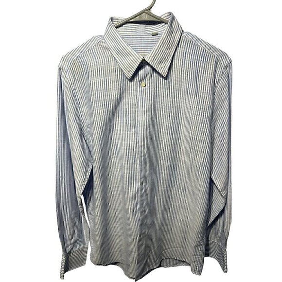 Lancellotti Mens Striped Long Sleeve Button-Up Shirt, 100% linen, med sheer, LG - Picture 1 of 8